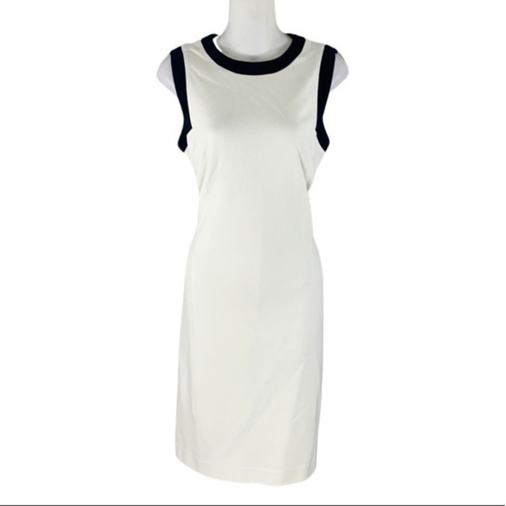 Ralph Lauren ivory black trim sleeveless sheath dress V12